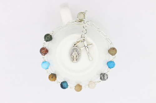 Mix Stone Gemstone Rosary Bracelet Silver Toned