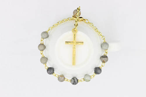 Picasso Marble Gemstone Rosary Bracelet Gold Toned