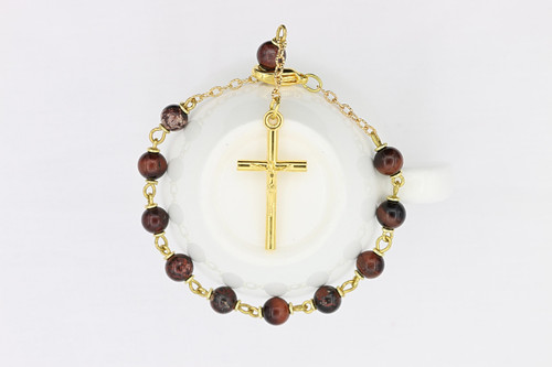 Tiger Eye Red Gemstone Rosary Bracelet Gold Toned