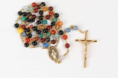 Mix Agate Gemstone Rosary Gold Toned