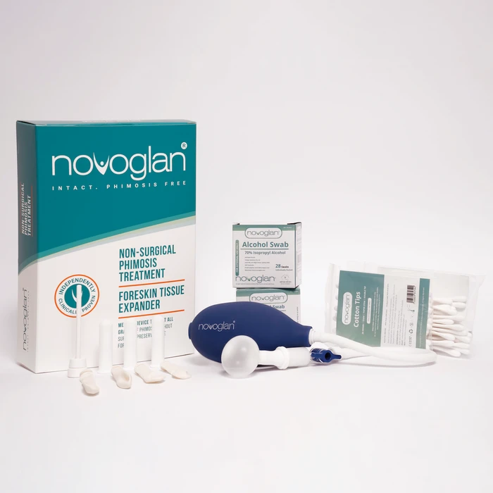 NOVOGLAN® Essential Non-Surgical Phimosis Treatment – Keep Your Foreskin Intact - Medical device for use with a tight foreskin / Phimosis - Safe, Simple and effectively used in the privacy of your own home. 100% Money Back Guarantee and 100% Privacy Guaranteed.