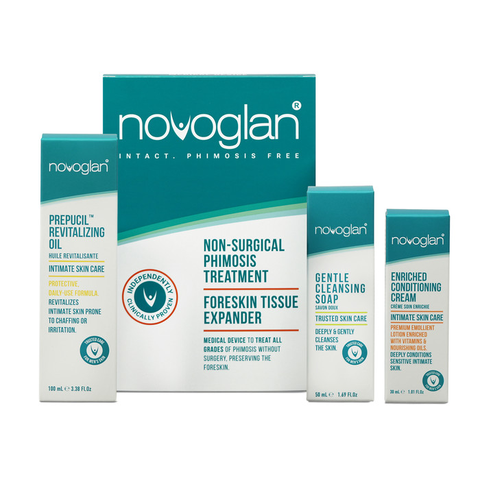 Novoglan Complete Foreskin Care Non Surgical Phimosis Treatment Set comes with everthing you need to treat your phimosis (all grades) and prevent it happening again. All shipped in a discreet plain white mailer box without any logos .