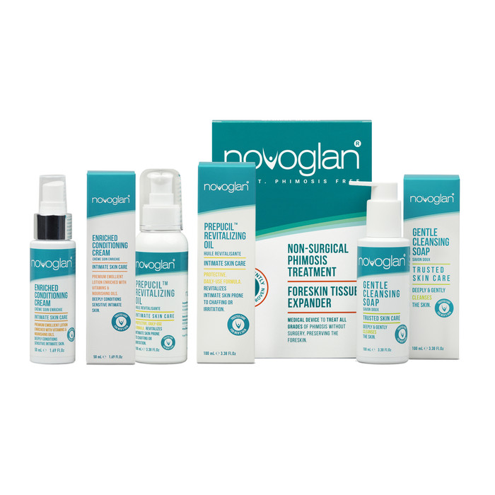 NOVOGLAN Complete Foreskin Care Kit is the ultimate solution to treat a tight foreskin and fix phimosis in the privacy of your own home. 
The Complete Care Kit contains the multi-award winning patented Gentle Foreskin Stretcher plus the scientifically formulated NOVOGLAN Cream, Soap and Personal Lubricant. 
All these products are designed to work together to reduce the inflammation of your foreskin and allow the skin to get maximal stretching for optimum results. 
Perfect treatment for adult phimosis and an ideal alternative to circumcision.