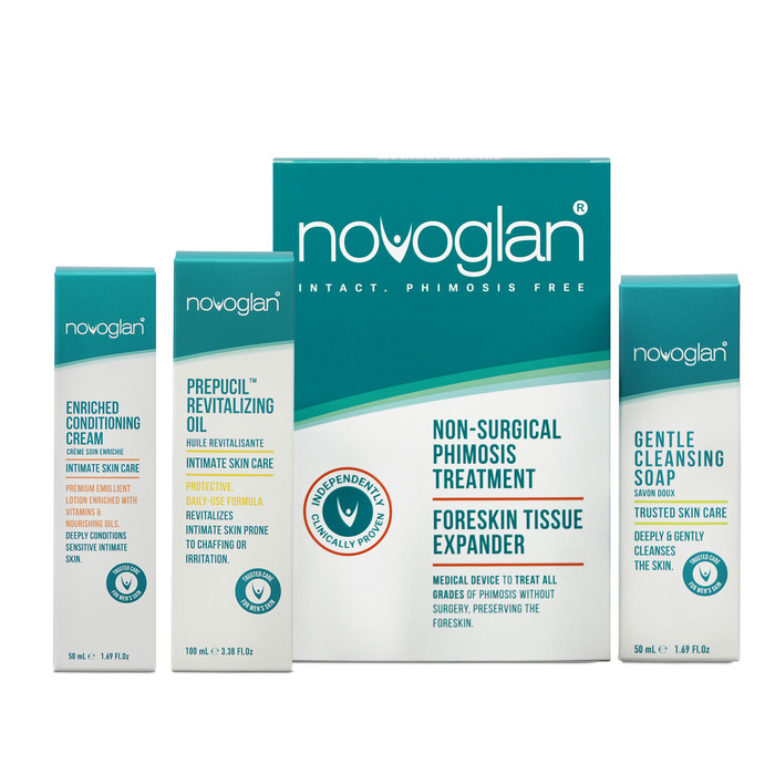 NOVOGLAN Complete Foreskin Care Kit is the ultimate solution to treat a tight foreskin and fix phimosis in the privacy of your own home. 
The Complete Care Kit contains the multi-award winning patented Gentle Foreskin Stretcher plus the scientifically formulated NOVOGLAN Cream, Soap and Personal Lubricant. 
All these products are designed to work together to reduce the inflammation of your foreskin and allow the skin to get maximal stretching for optimum results. 
Perfect treatment for adult phimosis and an ideal alternative to circumcision.