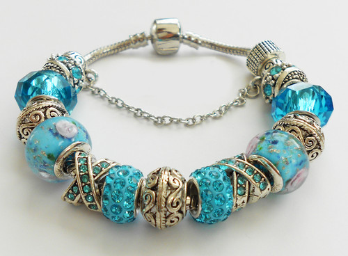 Bracelet with European Blue and metal Beads and Silver color  Bangles