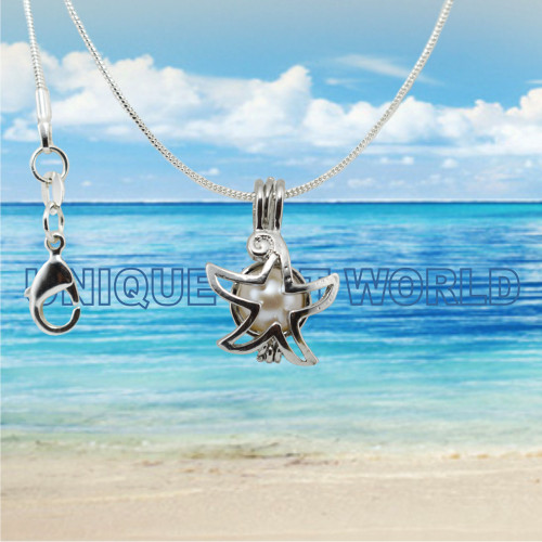 Turtle SILVER PLATED Star Fish Cage Pendant Necklace