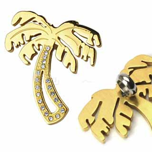 PVD Gold over 316L Stainless Steel Gem Paved Palm Tree Pendant with a Chain