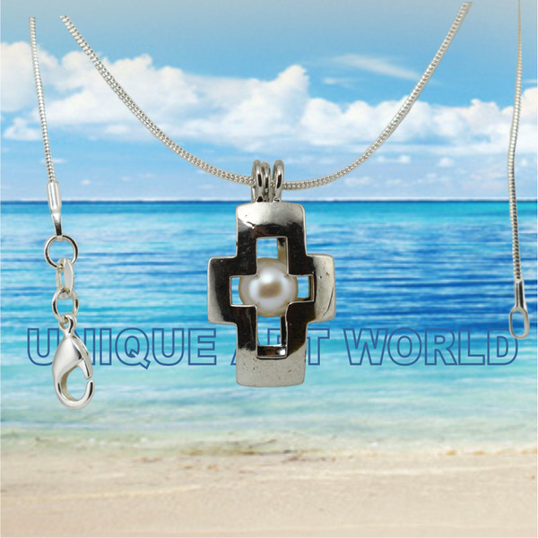 Cross Charm with White Pearl Cage SILVER PLATED Pendant Necklace