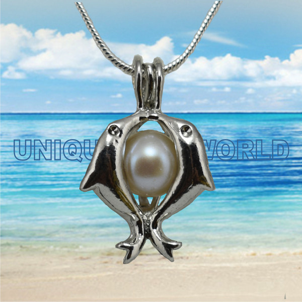 Pearl Cage SILVER PLATED Dolphin Heart charm Necklace