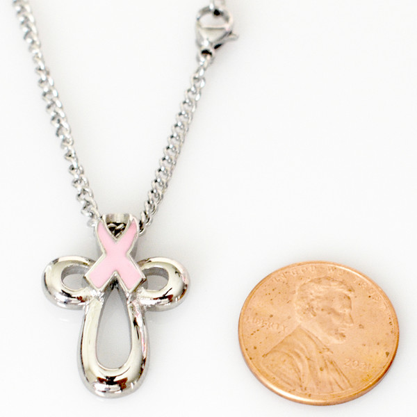 Breast Cancer Awareness Pink Ribbon on Cross Charm with 18 inch Necklaces