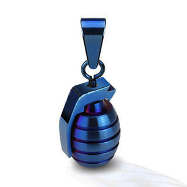 316L Stainless Steel Blue IP Hand Grenade Pendant included a ball chain