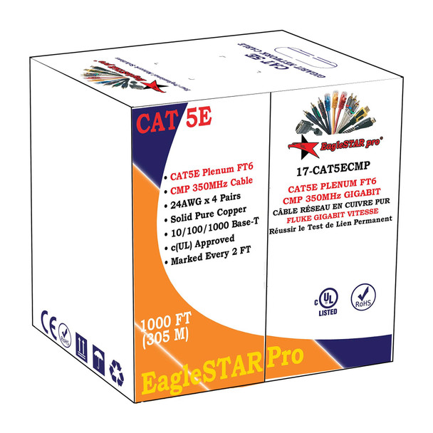 1000' RJ45 CAT5E Cable FT6 cUL Fire Rated 24AWG solid Pure Copper (blue) - Wholesale at Look4Computer Canada