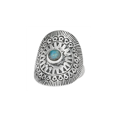 Sterling Silver Oval Medallion Ring with Round Labradorite Stone Center