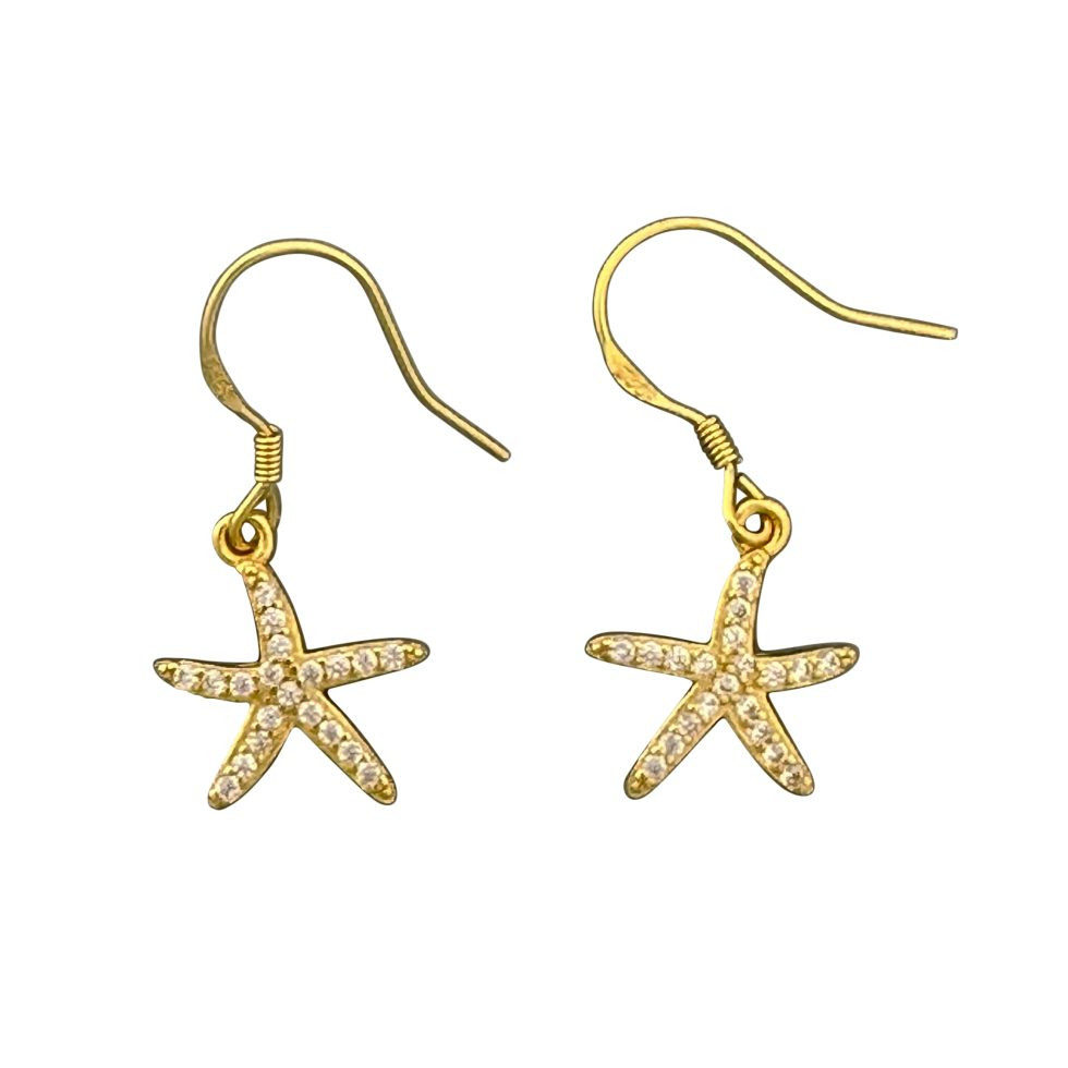 Gold Plated Sterling Silver Starfish Pave Dangle Earrings