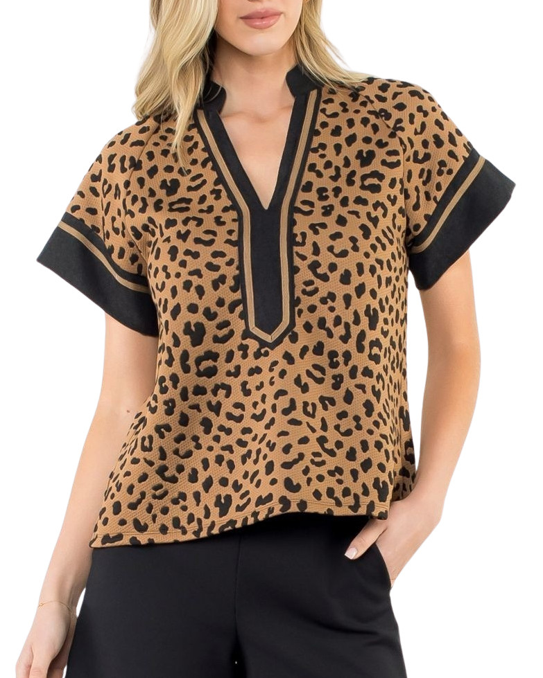 THML Leopard Print Split Neck Top with Contrast Trim