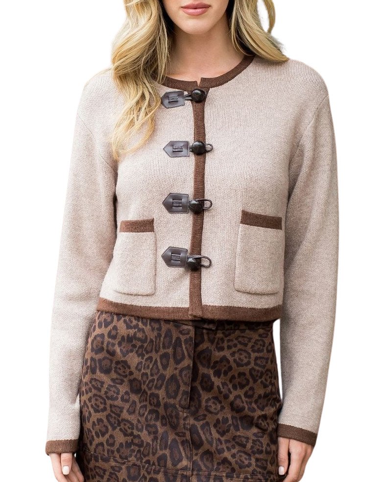 Brown Toggle-Front Cropped Knit Cardigan