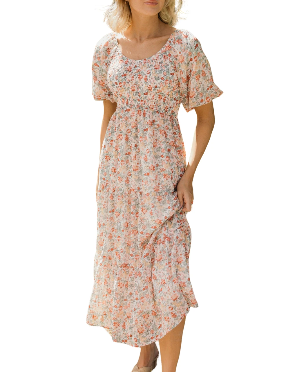 knee length dresses for ladies Baltic Born Womens Marta Smocked Midi Dress | White + Blue