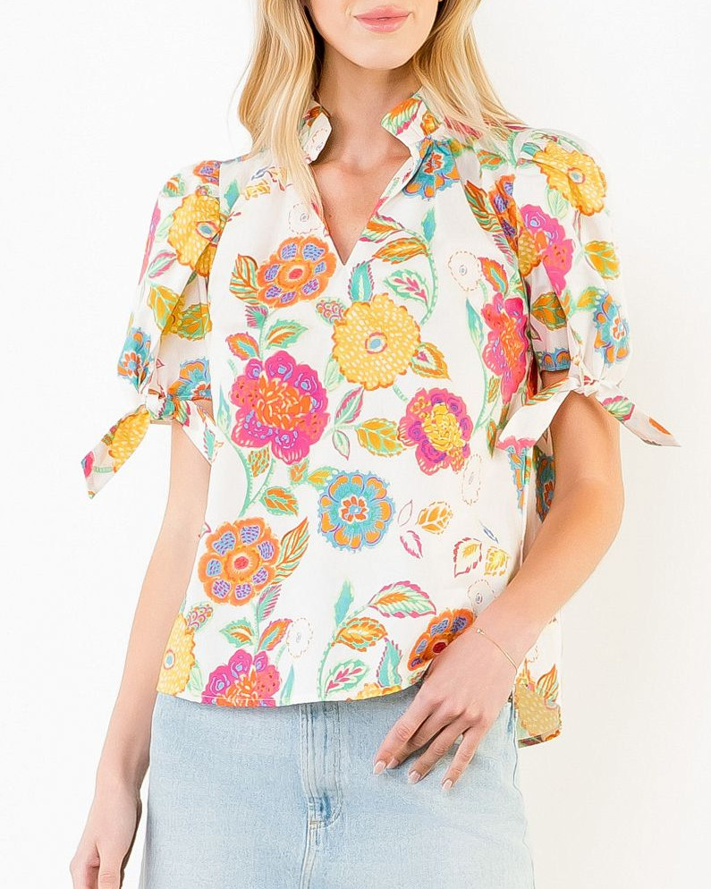 y*e様 flower scallop couture blous Multi-Floral-Tie-Sleeve-