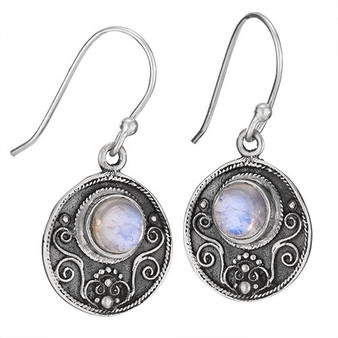 Round Moonstone Oxidized Dangle Earrings