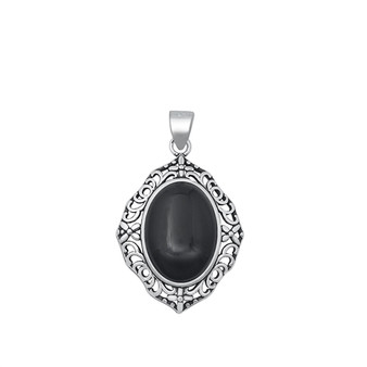 Filigree Marquis Pendant with Oval Stone - Black Onyx