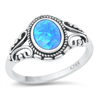 Open Scrolling Ring with Roping and Stone Center - Blue Opal