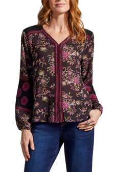Long-sleeve Button Front Blouse with Embroidery