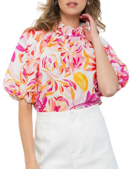 Bright Floral Print Puff Sleeve Blouse