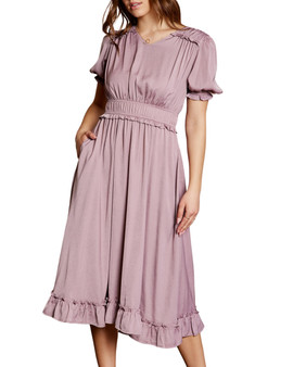 Short-Sleeve Satin Ruffle Hem Dress