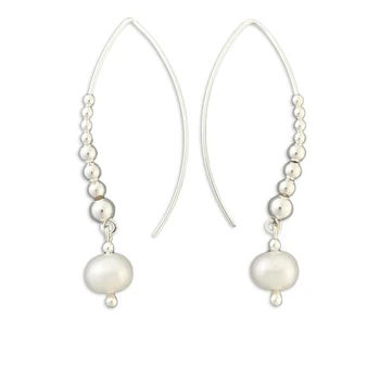Graduated Sterling Silver Bead and Pearl Long Wire Earrings