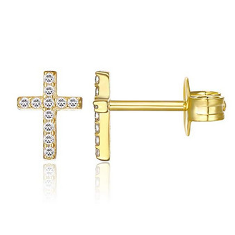 Cross Stud Earrings with CZ Face in Gold
