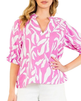 Two-Tone Printed Balloon Sleeve V-Neck Top