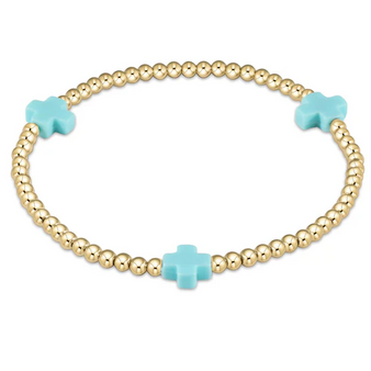 Signature Cross Gold Pattern 3mm bead bracelet - Turquoise