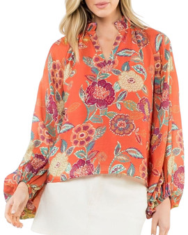 Flower Prnt Bubble Sleeve V-Neck Blouse Flower Prnt Bubble Sleeve V-Neck Blouse