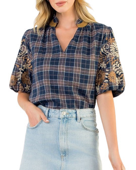 Plaid Embroidery Detail Blouse
