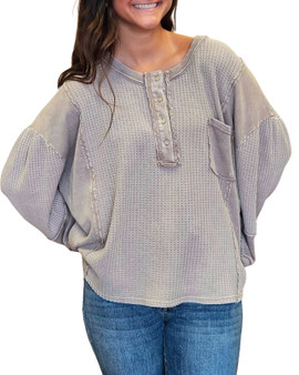 Cozy Thermal Waffle Knit Mineral Wash Henley Top Cozy Thermal Waffle Knit Mineral Wash Henley Top