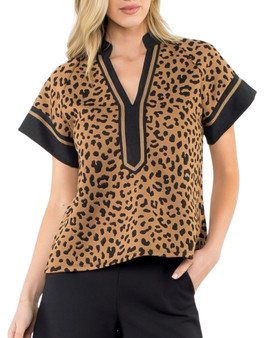 Leopard Print Split Neck Top with Contrast Trim Leopard Print Split Neck Top with Contrast Trim
