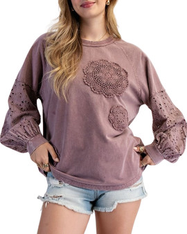 Crocheted Eyelet Sleeve Sweatshirt – Boho Chic Comfort Crocheted Eyelet Sleeve Sweatshirt – Boho Chic Comfort