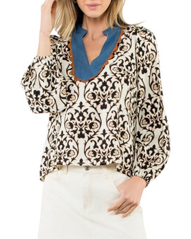 Cream Printed Blouse with Denim Scallop Trim Neckline Cream Printed Blouse with Denim Scallop Trim Neckline