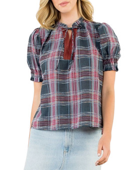 Burgundy Plaid Puff-Sleeve Blouse with Tie Neck Burgundy Plaid Puff-Sleeve Blouse with Tie Neck