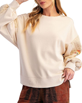 Beige Quilted Sweatshirt with Floral Sleeve Detail Beige Quilted Sweatshirt with Floral Sleeve Detail