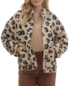 Leopard Print Quilted Jacket with Front Pockets