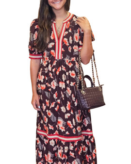 Brown Floral Puff Sleeve Midi Dress Brown Floral Puff Sleeve Midi Dress