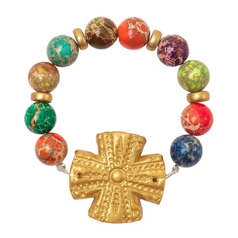 Multi Colored Sea Jasper Bracelet with Rachel Cross