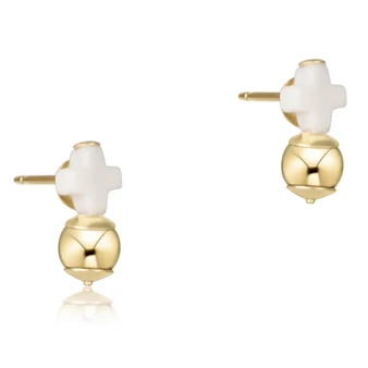 Signature Cross Off White Stud Earrings - Gold