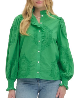 Embroidered Ruffle Button-Front Blouse
