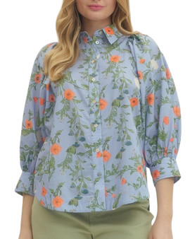 Periwinkle Floral Puff Sleeve Button-Down Blouse