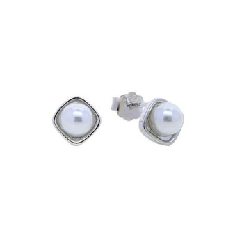 Sterling Silver Cushion Pearl Stud Earrings