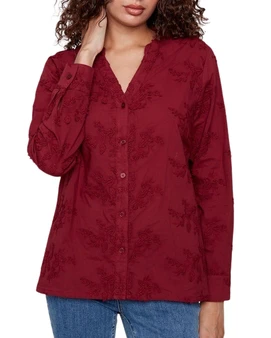 Embroidered Long Sleeve Button-Front Blouse