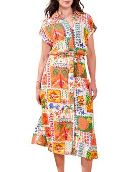 Tropical Patchwork Midi Shirt Dress