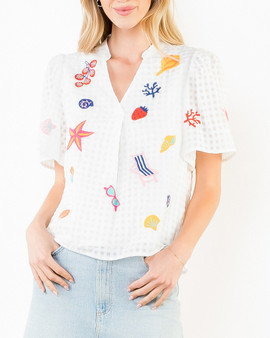 White Coastal Embroidered Puff Sleeve Blouse
